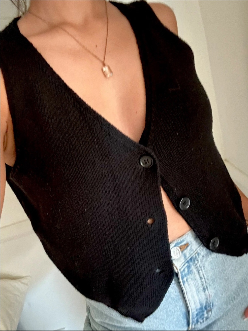 Vintage 90’s Style Stradivarius Black Knit Sleeveless Button Up Vest